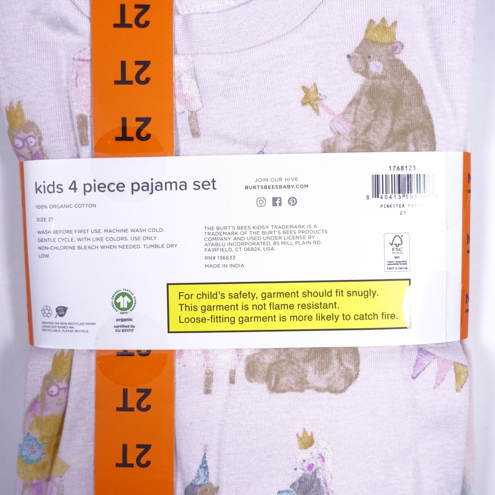 Burt's Bees Kids 4 Piece Pajama Set 2T Pink Tea Party 100% Organic Cotton NEW - Picture 4 of 4